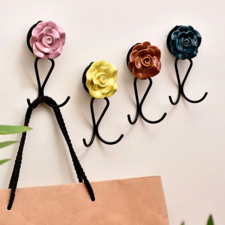 Multicolor Ceramic Flower Decorative Wall Hook in Set of 4